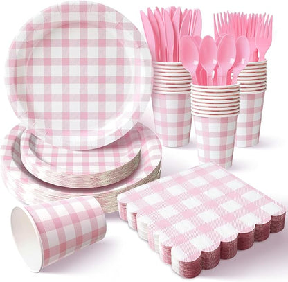 Vyntra 175 Pcs Pink & White Checkered Gingham Paper Plates and Napkins Set by PartyTablewareSupplies
