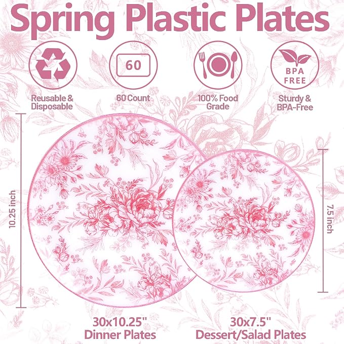 60PCS Pink Plastic Plates - Image 3