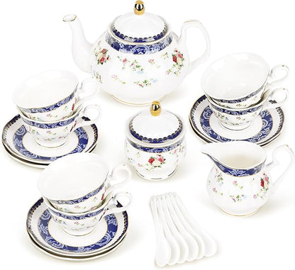 fanquare Bone China Tea Sets for Adults, 21-Piece Blue Lace and Roses Porcelain by fanquare