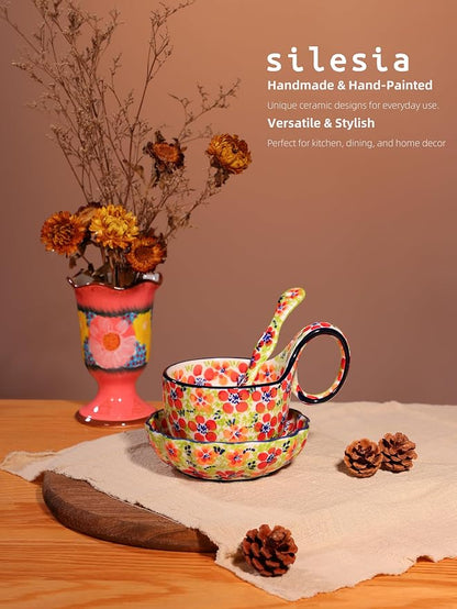 silesia Handmade Loop Handle Soup Bowl, Plate and Spoon Set Ceramic Hand - Image 5