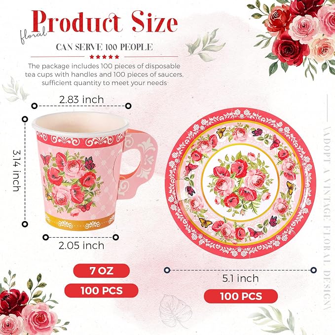 Nuogo 200 Pcs Floral Paper Tea Cups and Saucers 7 oz Disposable Paper Teacups - Image 3