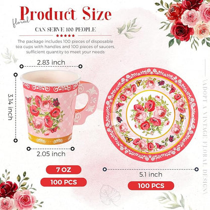 Nuogo 200 Pcs Floral Paper Tea Cups and Saucers 7 oz Disposable Paper Teacups - Image 3