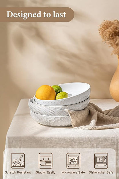 Embossed Ceramic Pasta Bowls Set of 4 – Medium 7.5-Inch, 26oz Serving Bowls for Pasta, Salad, Fruit – Stackable, Microwave & Dishwasher Safe – Great Gift for Housewarming or Everyday Use