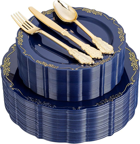DaYammi 150Pcs Blue Plastic Plates Heavy Duty Navy Blue Disposable Plates with Gold Plastic Silverware include 30 Dinner Plate,30 Dessert Plate,90 Gold Silverware Set,blue plates for Party Dinner
