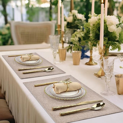 SLKQG Linen-Look Placemats Set of 6, Heat Resistant & Machine Washable Double-Layered Cloth Placemats for Dining Table, Indoor/Outdoor Use, Non-Slip Kitchen Table Mats (6, Natural Linen)
