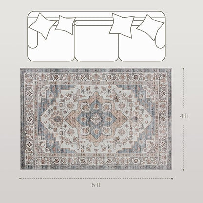 HOMCOM Washable Area Rug, 4'x6' Vintage Indoor Distressed Carpet, Retro Floor Cover Foldable, Floral Print Mat for Living Room, Bedroom, Dining Room, Brown and Light Blue