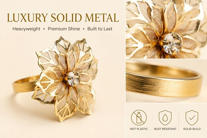 Gold Napkin Rings Set of 12 – Floral Design – Elegant Napkin Ring Holders - Image 4