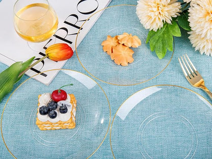 Nervure 100Pieces Clear and Gold Rim Plastic Plates - 7.5inch Disposabl Salad Dessert Plate - Clear and Gold Party Plates Ideal for Wedding & Party