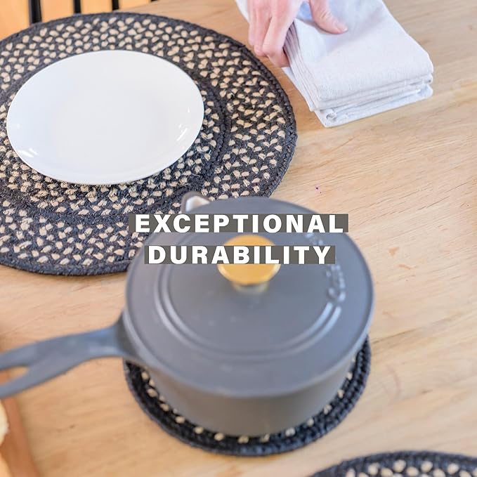 Manchester Jute Braided Kitchen Trivets for Hot Dishes, Country Primitive Decor, Set of 6, Black and Tan 8" Round Heat Resistant Mat - Rich Colors, Easy to Clean, Durable and Protects Furniture