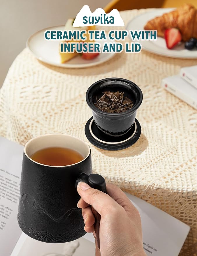suyika Tea Cup with Infuser and Lid, 15.2 Ounce Wood Handle Ceramic Loose Leaf - Image 2