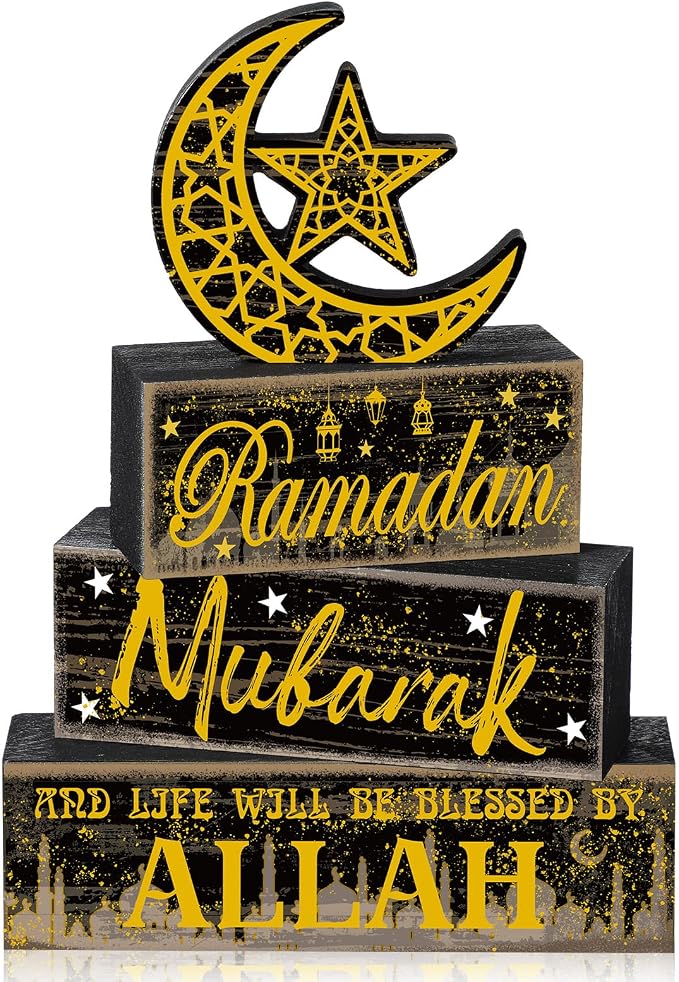 Moucuny 4 Pcs Ramadan Mubarak Table Decor Wooden Eid Mubarak Tabletop Signs by Moucuny