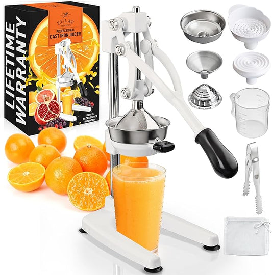 Zulay Kitchen Pulverizer 9 in 1 Cast Iron Juicer - Easy-to-Clean Heavy-Duty Manual Juicer with Presser Attachment to Juice All Types of Fruits! Extra Tall with Stainless Steel Bowl - White