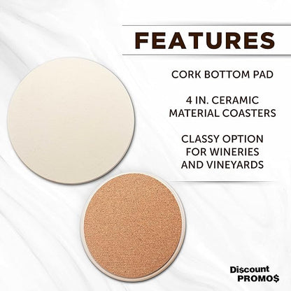 DISCOUNT PROMOS Ceramic Coasters Set of 10, Bulk Pack - 4 Inches with Cork Bottom Pad, Perfect for Hotel, Bar, Restaurant - Natural