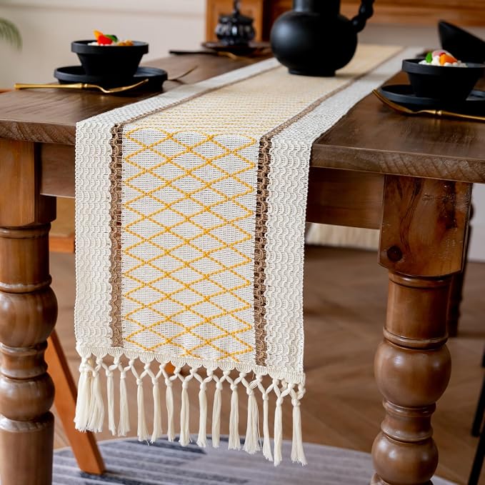 EMMTEEY Macrame Table Runner Boho Style 108 Inches Long, Hexagonal Yellow | by EMMTEEY