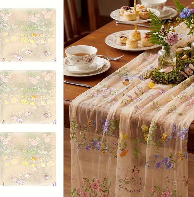 Champagne Floral Table Runner 10ft Embroidery Tulle Spring Wildflower Table by Windkream