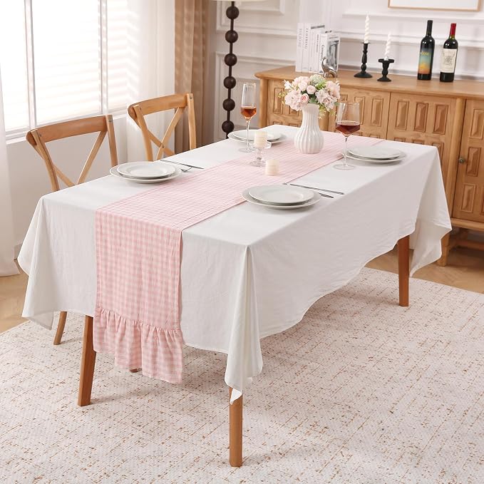 Peachy Blush White Plaid Gingham Ruffle Table Runner 90 inches Long 100% Washed - Image 2