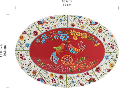 Bico Red Spring Bird 16 plus 14 inch Oval Platters Set, Set of 2, Microwave and Dishwasher Safe, for Serving Fish, Chicken, Turkey