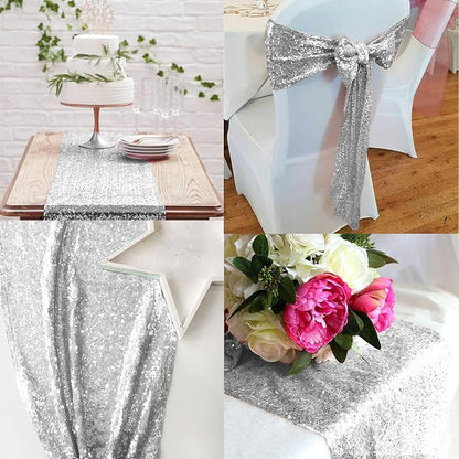 12 Packs 12 X 72 Inch Silver Sequin Table Runner Glitter Dining Table Runner - Image 7