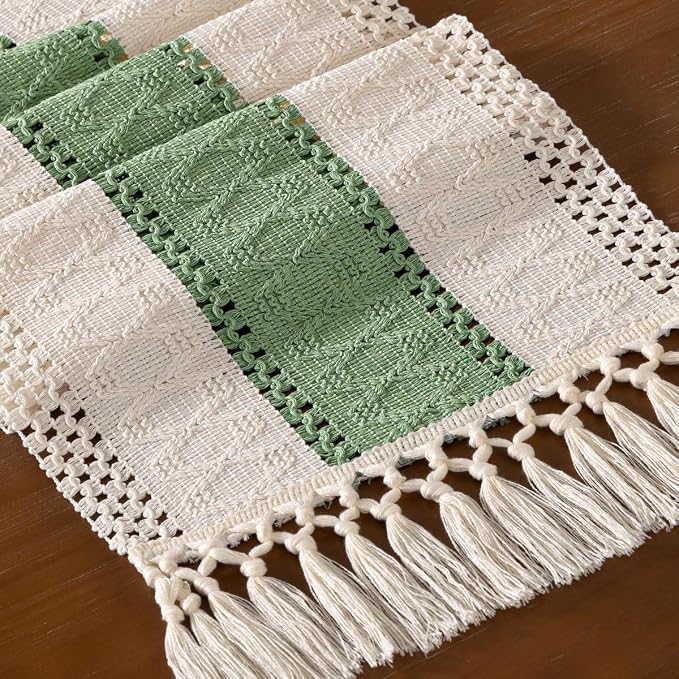 DeZerlor Ivory&Sage Green Boho Macrame Farmhouse Woven Table Runner 90Inch | - Image 2