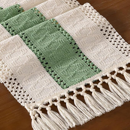DeZerlor Ivory&Sage Green Boho Macrame Farmhouse Woven Table Runner 108In | - Image 2
