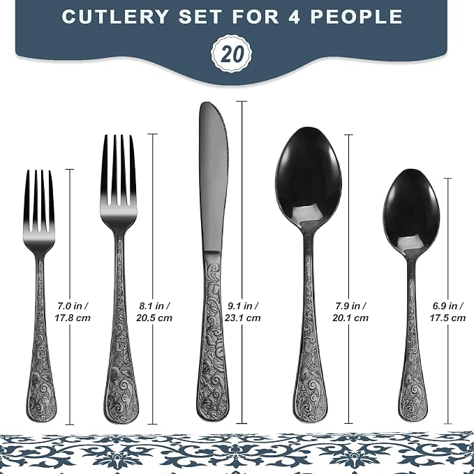 Runfly Vintage Carved Black Stainless Steel 20-Piece Flatware Set | Silverware - Image 2