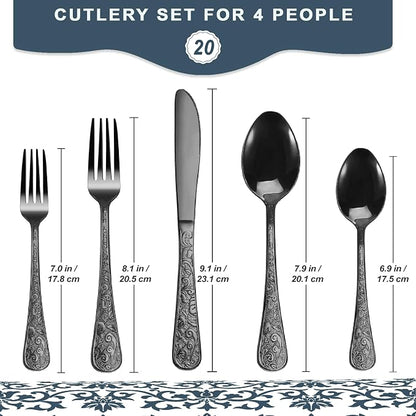 Runfly Vintage Carved Black Stainless Steel 20-Piece Flatware Set | Silverware - Image 2
