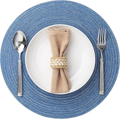 Round Placemats Set of 6 Woven Placemats Washable Braided Table Mats for Dining Table Heat Resistant Non-Slip Circle Place Mats(Mid Blue)