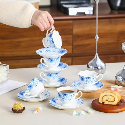 2.5oz Porcelain Demitasse Set of 6, 75ml Espresso Cup | Classic blue floral - Image 6