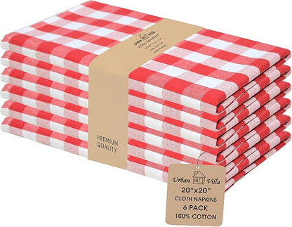 Urban Villa Cotton Dinner Napkins Set of 6, Highly Absorbent 20x20 Inches Premium Cloth Napkins Hotel Quality Reusable & Washable Table Dinner Napkins for Home & Weddings - Red/White, Checks