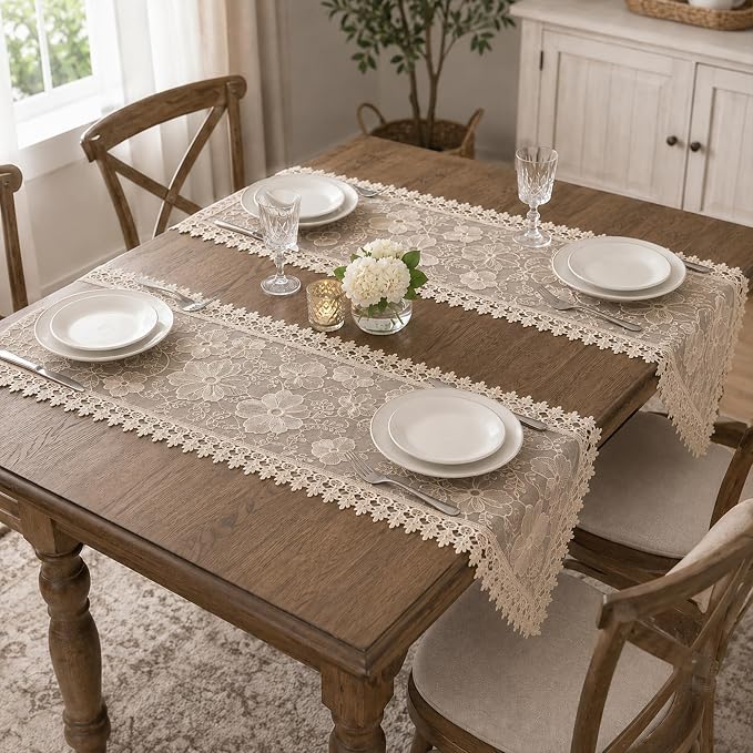 SIOLOC Champagne Lace Table Runner 14x48, Embroidered Floral Cutwork | Elegant - Image 7