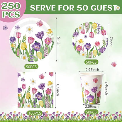 Funnymoom 250 Pcs Tulip Floral Paper Plates and Napkins Spring Party Supplies - Image 3