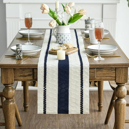 Artoid Mode Dark Blue Rustic Woven Table Runner 12x108 Inch | Holiday Farmhouse - Image 2