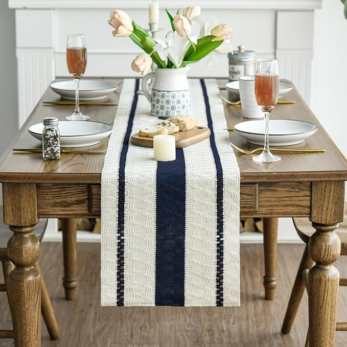Artoid Mode Dark Blue Rustic Woven Table Runner 12x90 Inch | Holiday Farmhouse - Image 2