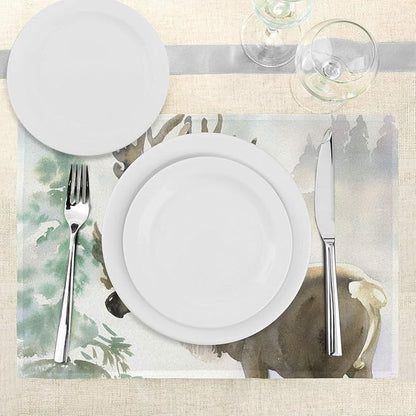 Ambesonne Antlers Place Mats Set of 4, Moose in Winter Forest Wildlife Reindeer Christmas Theme Watercolor Painting Style, Washable Fabric Placemats for Dining Table, Standard Size, Warm Taupe Green