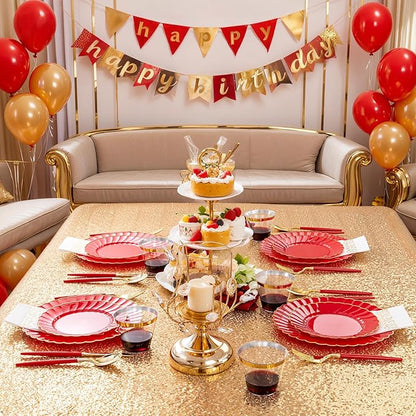 Ciaell 175 PCS Red Scalloped Plastic Plates with Gold Trim - Red Plastic Silverware with Handle - Fancy High-End Dinnerware Sets for Wedding & Valentine's Day & Party