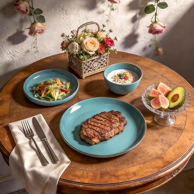 Stoneware Euro-Nordic 20pc Dinnerware Set, Shiny Turquoise Glaze - Image 4
