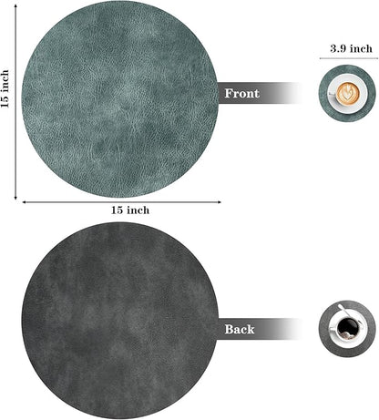 Round Placemats and Coasters Set of 8, Washable Reversible Faux Leather Placemats Cowhide Pattern Place Mats Wipeable Non-Slip 15 inch Round Kitchen Dining Table Mats (Gray Blue Green, 8)