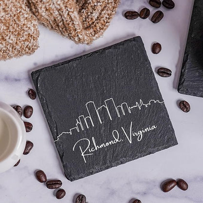 Blue Ridge Mountain Gifts - Richmond VA Skyline Coasters, Set of 4 - Richmond Virginia Souvenir, Slate Coasters with Minimalist Skyline, Housewarming Gift for Friends, Family, & Neighbors