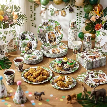 Pickmesh 250 Pcs Jungle Birthday Disposable Tableware Set Safari Animals Themed Disposable Paper Plates Napkins and Cups for Wild Animals Zoo Safari Baby Shower Birthday Wedding Party Supplies