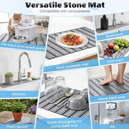 2 Pack Large Stone Dish Drying Mat for Kitchen Counter, Collapsible Quick Drying Dish Mats, Water Absorbing Diatomaceous Earth Drying Pad for Kitchen Countertop Bottles Utensils Cups Bathroom Sink
