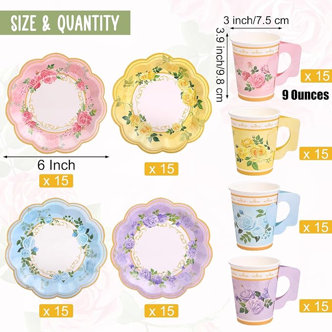 Kochorie 120 Pcs Floral Paper Tea Cups and Saucers 9 Oz Disposable Teacups Bulk - Image 2