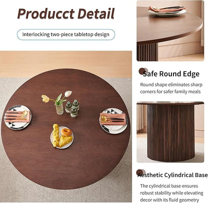 47" Round Dining Table for 4, Modern Farmhouse Wood Veneer Top with MDF Striped Base, Kitchen & Dining Room Tables - Walnut Color