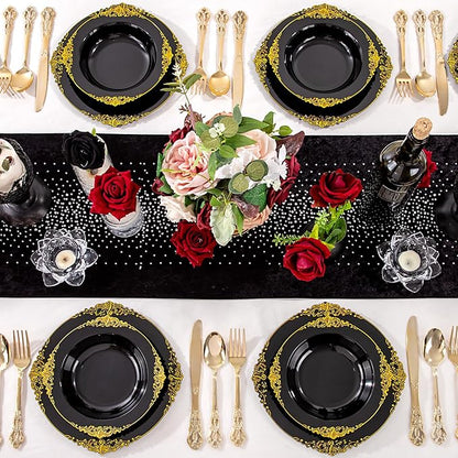 100PCS Black Plastic Bowls - 12 oz Black Gold Disposable Salad Bowls - Heavy Duty Soup Serving Bowl - Fancy Plastic Candy Bowl for Weddings, Parties, Dinners, Catering, Picnics, Party