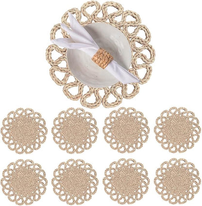 13.8" Set of 8 Round Seagrass Placemats | Boho Woven Rattan Table Mats | Farmhouse Wicker Spring Plate Chargers Like Water Hyacinth, Seagrass for Wedding, Party, Christmas, Events