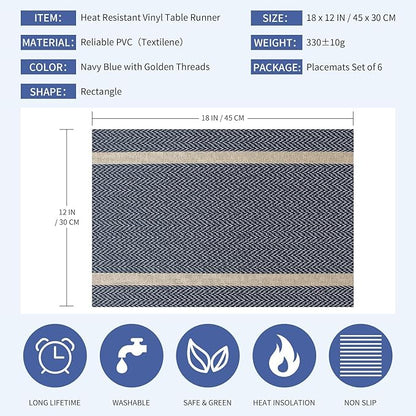 FAVE Placemats Set of 4 Blue Placemats Woven with Golden Thread Durable Wipeable Vinyl Placemats Table Mats Set of 4 for Wedding, Banquet, Birthday, Party, Restaurant Decorations(Blue, 12"x18"-4PCS)