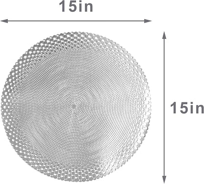 Vinyl Round Placemats Set of 4 - Non Slip Place Mats Ideal for Indoor and Outdoor Dining Table - Washable and Heat Resistant Table Mat for Kitchen Tables (Vincent Silver)