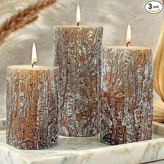 Classic Pine Tree Bark Texture Pillar Candles Set - Real Wax 3 Sizes (4", 5", 6" Tall) Rustic Decor Fireplace Candles, Unscented Woodland Style Pillar Candle for Home, Dining Table, Holiday Decor