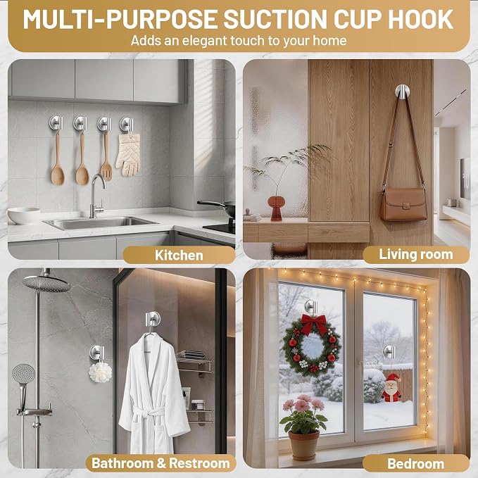 Large Suction Cup Hooks, Heavy Duty 15lb Holds Towel & Robe, No-Drill Shower - Image 3