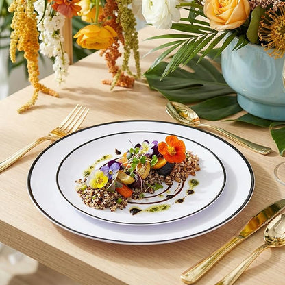 EI 100pcs White and Black Disposable Plates for Party,White Plastic Dinner Plates with Black Rim Disposable,Plastic Dessert Plate for Wedding,Family Party,Afternoon Tea Business New Year