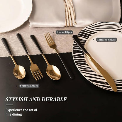 Black Silverware Set for 4 Elegant 20 Piece Flatware Set 18/10 Stainless Steel Nice Weight Mirror Polished Unique Black Gradual Change Gold Cutlery Utensils Sets for Home Kitchen Restaurant